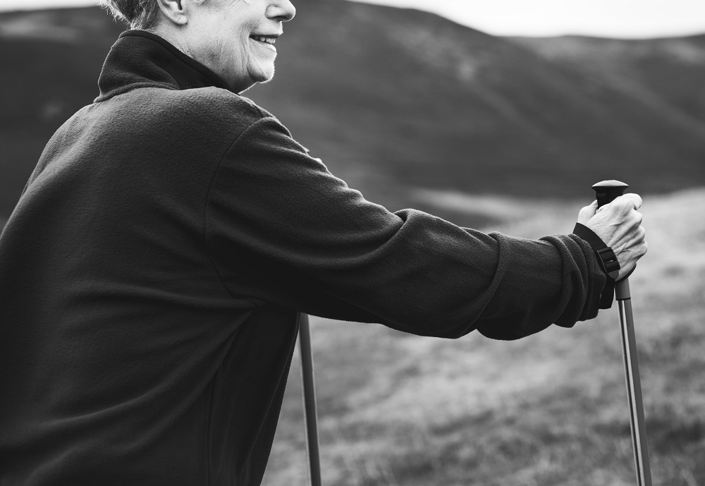 a senior doing nordic walking