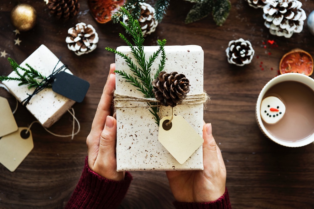 a photograph of someone holding a small rectangular box wrapped in a white paper with dark speckles.  There is twine around the package and a pinecone and sprig of pine under the rope.  There is an unlabelled tag on the gift.