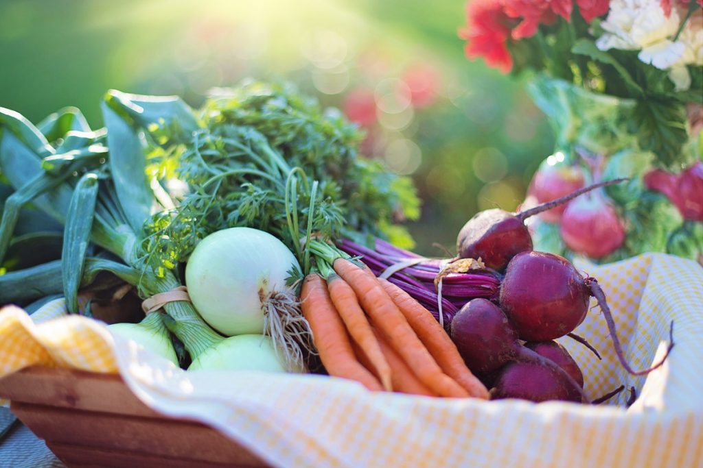 Photo of a basket of fresh produce including a bunch of red beets, a bunch of carrots, an onion, and a bunch of leeks.