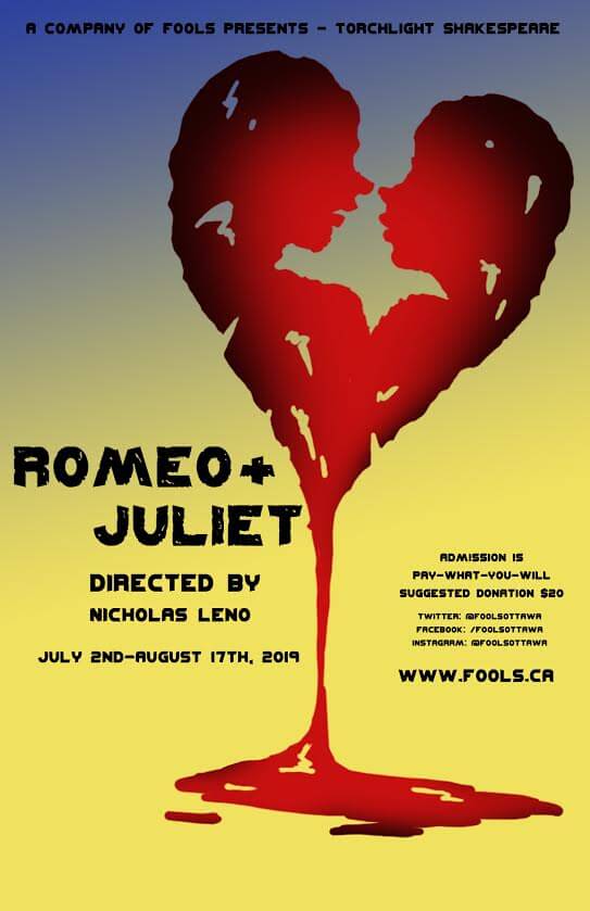 Poster of A Company of Fools Torchlight Shakespeare for 2019:  Romeo and Juliet, running from July 2 to August 17.  www.fools.ca