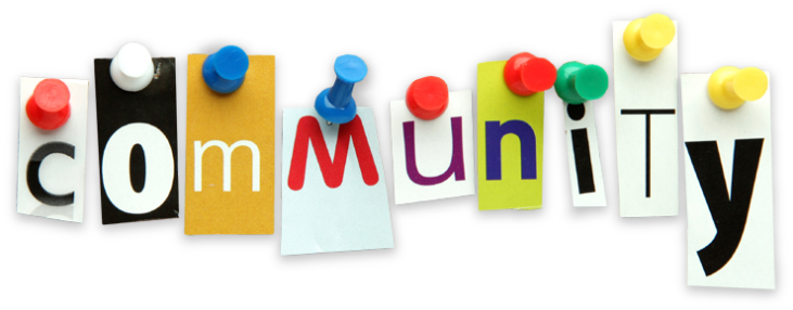 A stylized image of individual letters as though they were cut out of a magazine (different fonts and colours on differently coloured backgrounds).  The letters are tacked up to spell out the word "community"