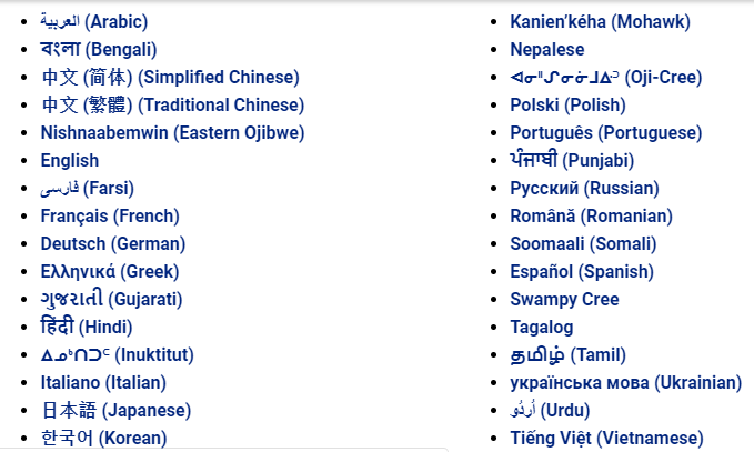 Image of all languages available on OPH multingual site