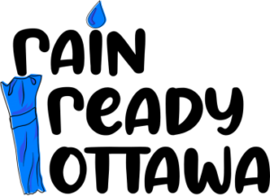 Logo for Rain Ready Ottawa. Blue rain drop as the dot on the "i" and an umbrella vertically below the first "r" so that the "r" looks like the handle of the umbrella.