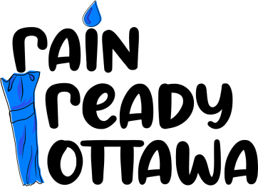 Logo for Rain Ready Ottawa.  Blue rain drop as the dot on the "i" and an umbrella vertically below the first "r" so that the "r" looks like the handle of the umbrella.