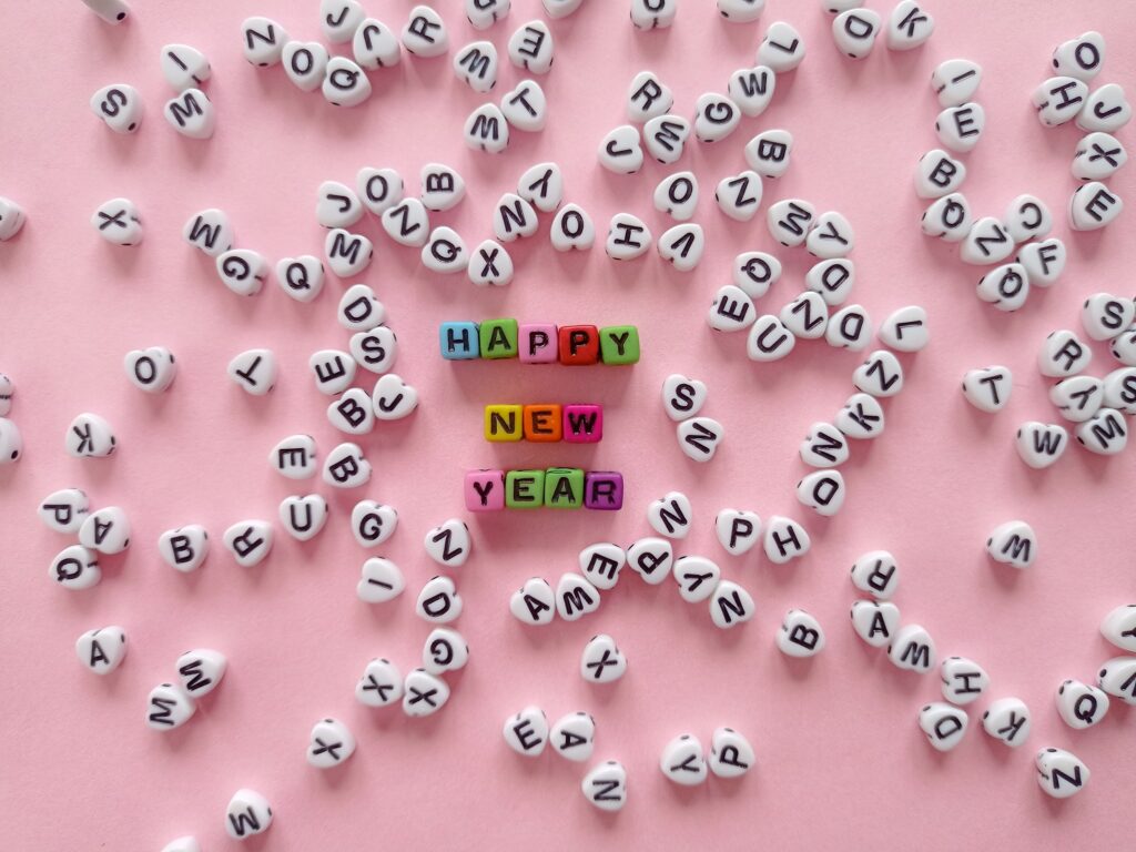 Happy New Year spelled out with beads
