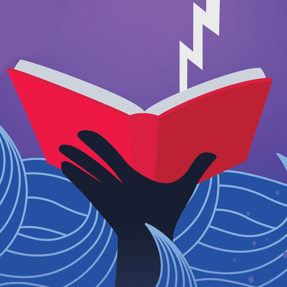Tempest Logo - hand holding an open book that is being struck by lightning