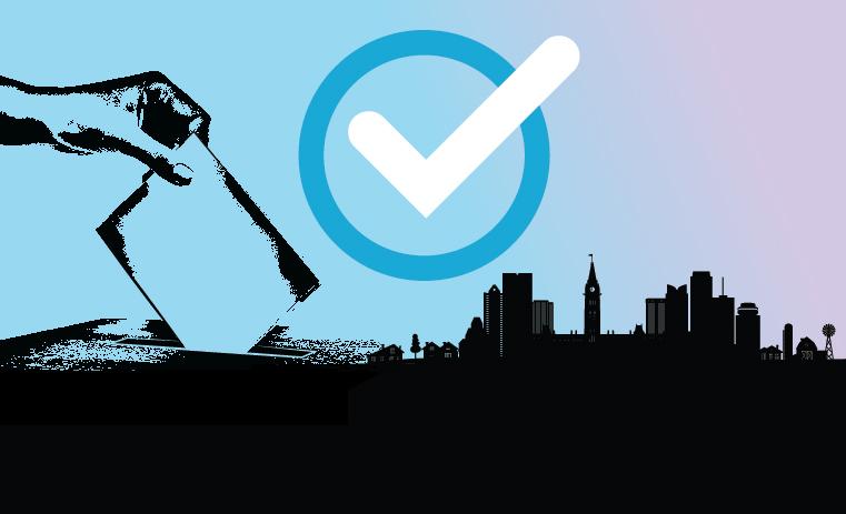 image of a person putting a ballot into a box, a checkmark in a circle and a silhouette of the Ottawa downtown skyline