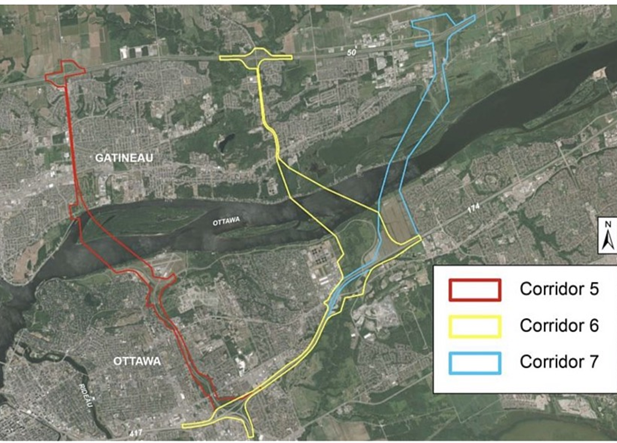 Carte indiquant les corridors proposés pour l'emplacement d'un 6e pont interprovincial