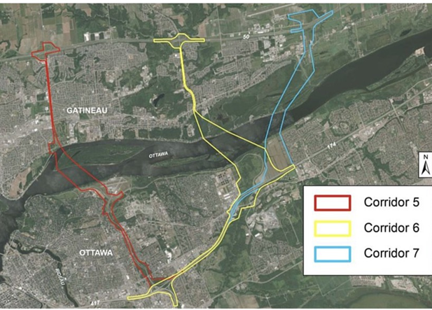 Satellite image of area featuring the proposed corridors for a 6th interprovincial bridge over the Ottawa river.