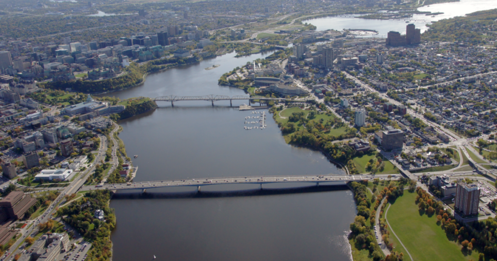 aerial photo of interprovincial bridges crossing the Ottawa river