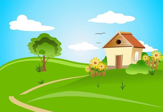 cartoon image showing a home on a green landscape with a tree in the yard and sunflowers growing in a planter in front of the house