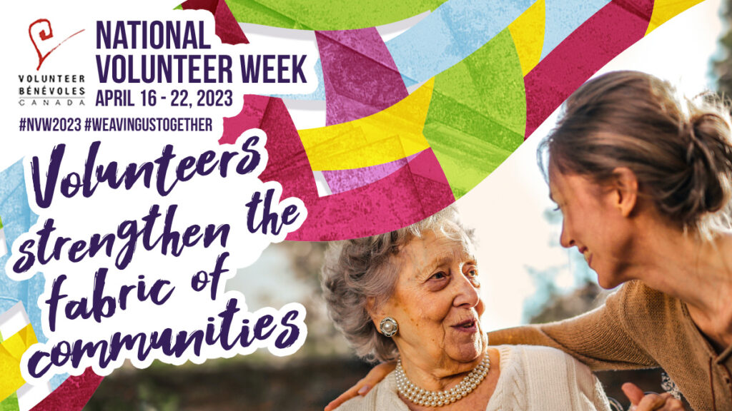 National Volunteer Week: Volunteers strengthen the fabric of communities with a photo of an older woman receiving a side hug from a younger woman.