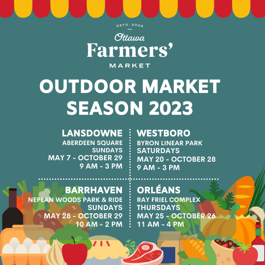 Event Poster text: Ottawa Farmers' Market Outdoor market season 2023.  Landsdowne - Aberdeen Square on Sundays from May 7 to October 29 from 9am to 3pm.  Westboro at Byron Linear Park on Saturdays from May 20 to Oct 28 from 9am to 3pm.  Barrhaven at the Nepean Woods Park & Ride on Sundays from May 28 to October 29 from 10am to 2pm.  Orléans at the Ray Friel Complex on Thursdays from May 25 to October 26 from 11am to 4pm.