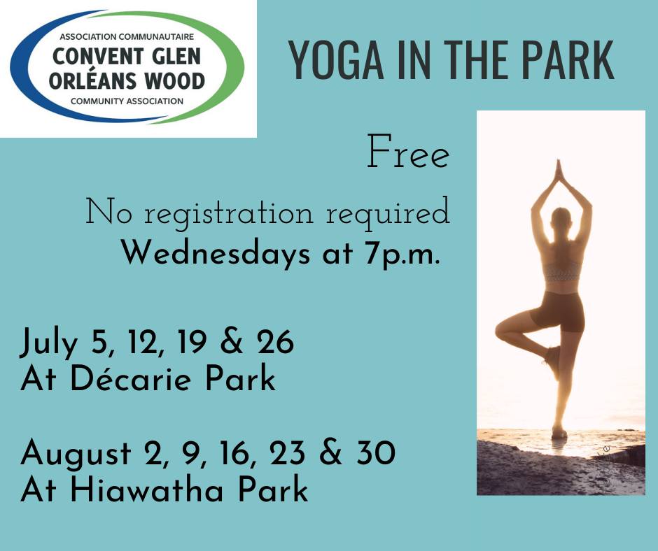 Event Poster:  Yoga in the park.  Free.  No registration required.  Wednesdays at 7pm.  July 5, 12, 19, 26 at Decarie Park.  August 2, 9, 16, 23, and 30 at Hiawatha Park.
