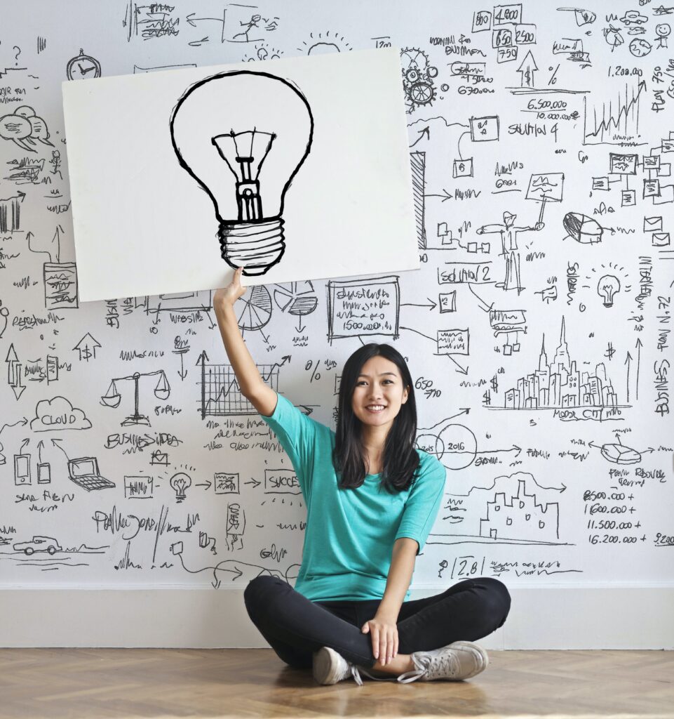 a photograph of a woman sitting cross legged on a wooden floor in front of a white wall that is filled with doodles in black marker.  She is holding up a large sign with a drawing of a lightbulb.  The woman is wearing a teal, short sleeved shirt and black pants and white sneakers.  She has long black hair.