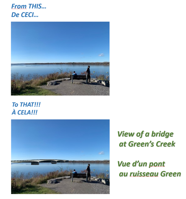 A photograph of the current view from the lookout near Green's Creek. A second photo below shows the same view, but with a superimposed image of a bridge crossing to show the impact on the view.