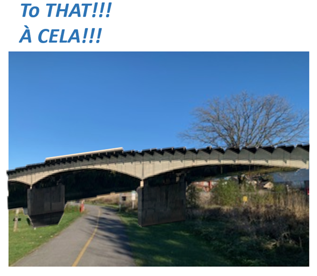 A photograph of the river trail near Fairwinds Terrace with an image of a bridge photoshopped over top of it.