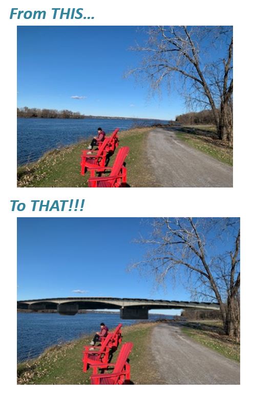 Two photos showing a spot along the river pathway near Green's Creek. One image has a photoshopped bridge added to show the impact on the view.