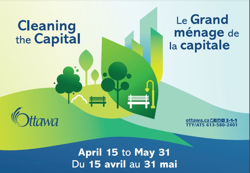 Bilingual logo for Cleaning the Capital / le Grand ménage de la capitale.  Stylized trees and park benches.  Dates for 2024 are April 15 to May 31st / du 15 avril au 31 mai.