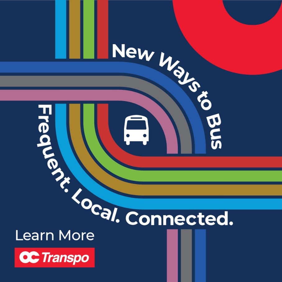 "New Ways to Bus" logo with coloured lines curing across the square image to indicate routes, a bus icon in the centre, and the words "Frequent, local, connected."
