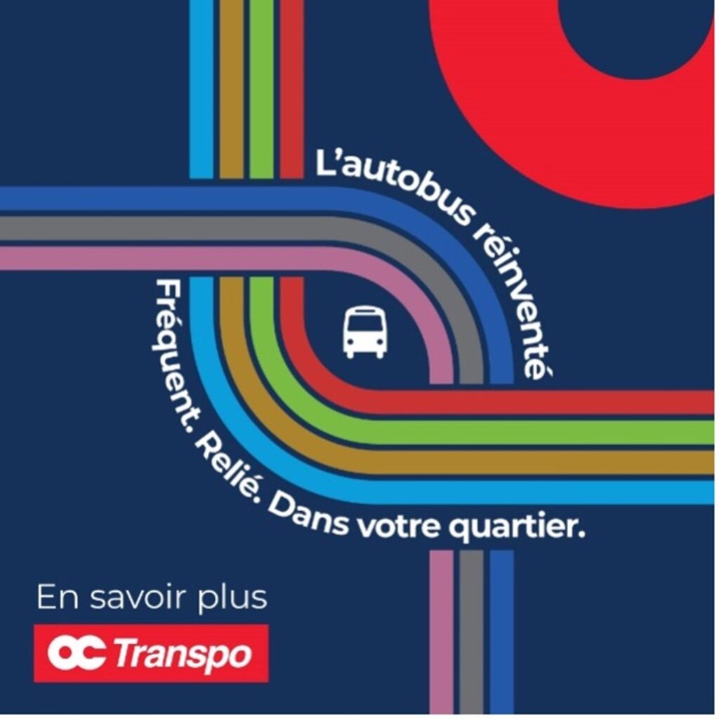 logo de "L'autobus réinventé" avec des lignes en couleur qui signifie des routes d'autobus, un icon d'un autobus au centre de l'image et les mots: "fréquent, relié et dans votre quartier."